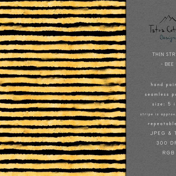 Bee Stripes Seamless Pattern Yellow and Black, Watercolor Stripe HORIZONTAL striped file, Thin Lines