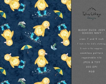 Gul Buddy Duck i gummistövlar Seamless Mönster: Hösttyg för babypojkar (digital nedladdning)