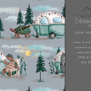 May include: A seamless pattern featuring a green and white camper van being pulled by a turtle. The pattern also includes trees, a sun, and a turtle sitting on a chair. The text "SLOW JOURNEY" is included in the image.
