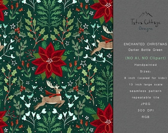 Winter Floral Seamless Pattern - Enchanted Christmas - Bottle Green