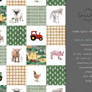 May include: A patchwork design featuring farm animals, tractors, and barns in a repeating pattern. The design includes a red tractor, a white horse, a sheep with lambs, and a brown cow. The text on the right says "Farm Quilt Patchwork".