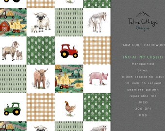 Patchwork Seamless Pattern - Farm Plaid Fabric Print with Tractors