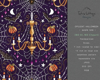 Halloween Seamless Pattern: Chandelier, Pumpkins, Bats, Spiders (JPEG,)