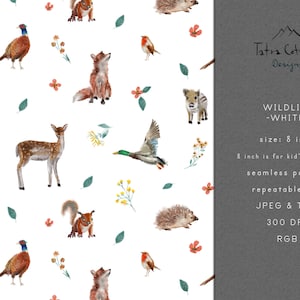 Woodland Animals Seamless Pattern: Mallard Duck, Fox, Deer - White (Digital Download)