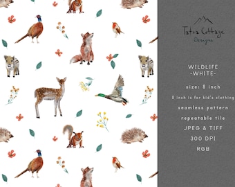 Seamless Woodland Pattern File with cute Mallard Duck, Pheasant, Fox & Deer on white, Digital Download with Commercial License