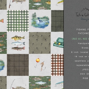 May include: A seamless patchwork pattern featuring hand-painted illustrations of various fish, fishing lures, tackle boxes, and lake scenes, interspersed with green and brown plaid squares. Text includes Tatra Cottage Designs Fishing Plaid Patchwork.