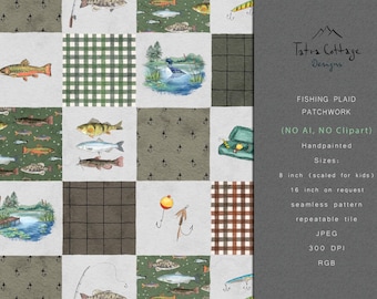 Fishing Fabric Seamless Pattern - Plaid Patchwork (JPEG Digital Download)