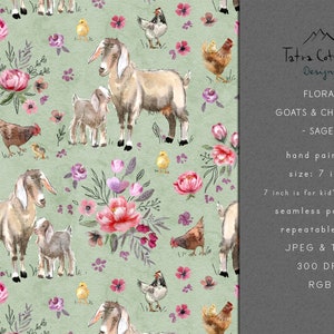 Floral Farm Animals Seamless Pattern Design with Nubian Goat, Chickens, Baby Kid, Chicks, Flowers Country Fabric Print Digital File - Sage