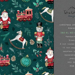 May include: A seamless pattern on an emerald green background featuring hand-painted Christmas illustrations of Santa Claus, red trains, rocking horses, nutcracker bears, pinecones, and ornaments. Text includes Tatra Cottage Designs.