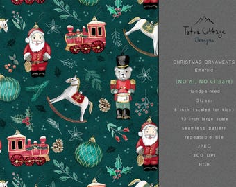 Christmas Ornaments Seamless Pattern - Santa, Baubles, Train, Nutcracker - Emerald Green