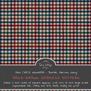 May include: A seamless pattern featuring a mini gingham check in red, navy blue, bottle green, and brown. The text reads: Tatra Cottage Designs, MINI CHECK GINGHAM - Bottle, Marron, Navy, HAND-DRAWN SEAMLESS PATTERN, Sizes: 4 inch, 13 inch.