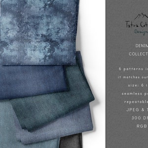 May include: A stack of six denim fabric swatches in various shades of blue and grey. The image includes text that reads "Denim Collection" and "6 patterns included". The size is 15.24 cm.