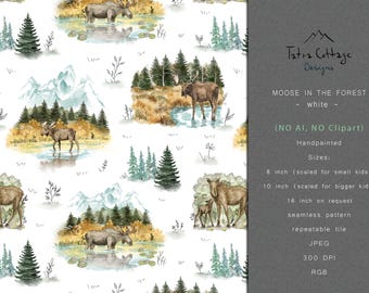 Moose Fabric Design - Hunting Seamless Pattern (White, JPEG Digital Download)
