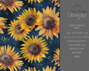 Boho Sunflower Seamless Pattern, Summer Seamless Floral Design, Watercolor Digital File with Sunflowers