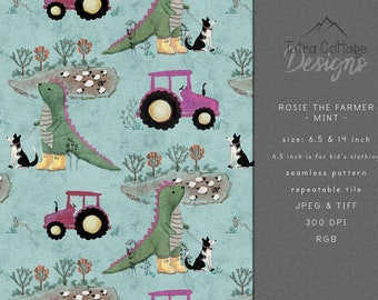 Pink Dinosaur Seamless Pattern: Farm Tractor Girl Dino (Digital Download)