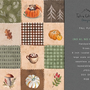 Puede incluir: Un diseño de patchwork con ilustraciones de temática otoñal. Los cuadrados muestran calabazas, setas, hojas y un cachorro en una calabaza. El diseño incluye el texto "FALL PLAID" y "Tatra Cottage Designs".