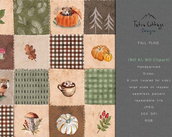 Autumn Seamless Pattern - Fall Plaid Fabric Print with Pumpkins Mushrooms