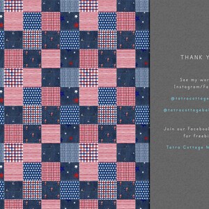 Pu&ograve; includere: Un motivo patchwork con quadrati a strisce rosse e bianche, punti blu e sfondi blu tipo denim. Alcuni quadrati hanno stelle bianche. L'immagine include anche il testo che dice "THANK YOU" e i nomi utente dei social media.