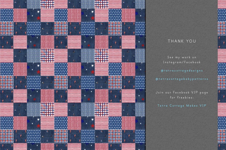 Pu&ograve; includere: Un motivo patchwork con quadrati a strisce rosse e bianche, punti blu e sfondi blu tipo denim. Alcuni quadrati hanno stelle bianche. L'immagine include anche il testo che dice "THANK YOU" e i nomi utente dei social media.