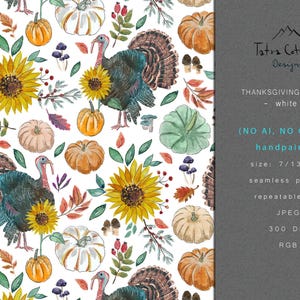 Könnte beinhalten: Handgemaltes, nahtloses Muster zum Thema Thanksgiving mit Truthähnen, Sonnenblumen, Kürbissen und Herbstlaub in Orange, Gelb, Grün und Braun. Das Design enthält den Text "THANKSGIVING TURKEY - white - (NO AI, NO Clipart) handpainted size: 17.78/33.02 cm".