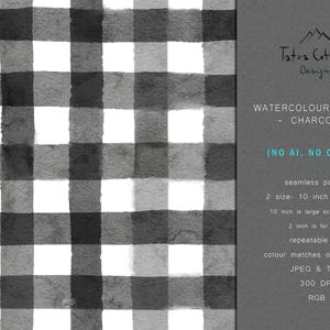 Könnte beinhalten: Ein nahtloses Aquarell-Gingham-Muster in Anthrazitgrau und Weiß. Das Muster ist in zwei Größen erhältlich: 25,4 cm und 5,1 cm. Die Größe von 25,4 cm ist ideal für großformatige Projekte, während die Größe von 5,1 cm perfekt für kleinere Details ist. Das Muster ist wiederholbar und kann für eine Vielzahl von Projekten verwendet werden, wie z. B. Stoff, Tapete und Scrapbooking.