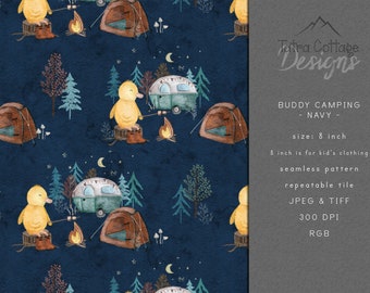 Buddy Duck sömlöst mönster design camping husvagn äventyr, tält sömlös fil, sommar brasa, marinblå