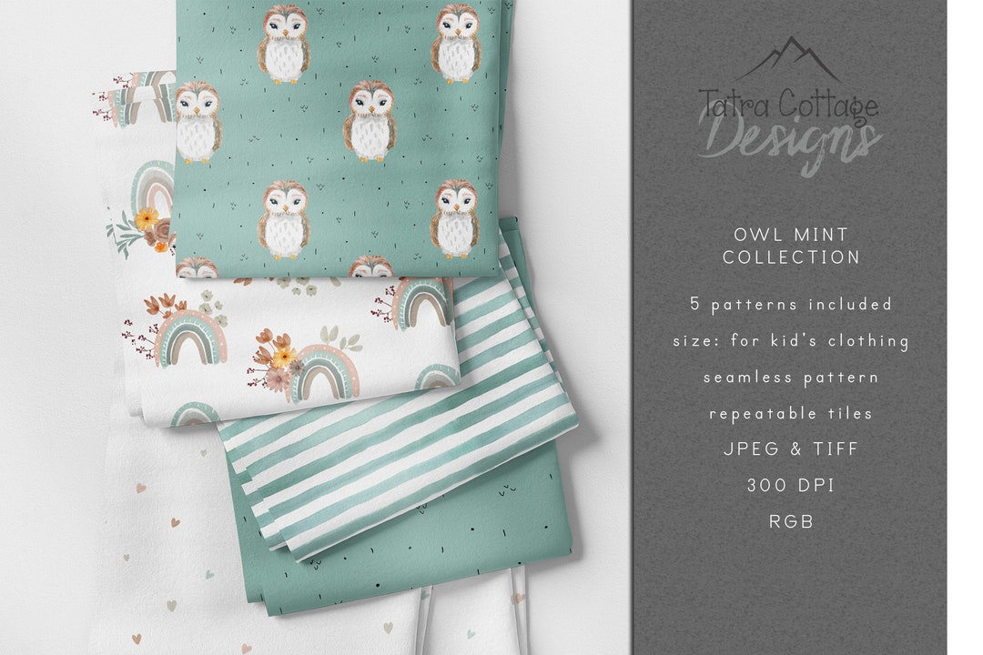 Owl Mint Seamless Patterns Collection Digital Download Set Bundle 5 ...