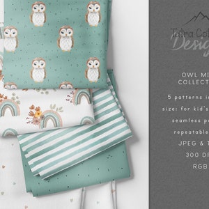 Modello senza cuciture con gufo, strisce color menta e arcobaleni floreali, set da collezione