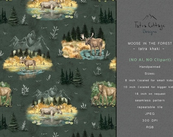 Moose Fabric Print- Hunting Seamless Pattern (Khaki Green, JPEG Digital Download)