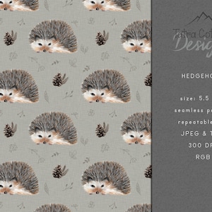 May include: A seamless pattern featuring a repeating design of hedgehogs on a light gray background. The hedgehogs are brown and gray with white accents. The pattern also includes small brown pine cones and gray leaves.