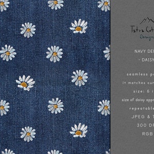 Faux Daisy Denim Seamless Pattern Design Jeans Floral Fabric Print Surface Pattern, Textured Basics