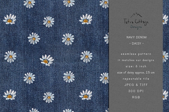 Faux Daisy Denim Seamless Pattern Design Jeans Floral Fabric Print Surface Pattern, Textured Basics