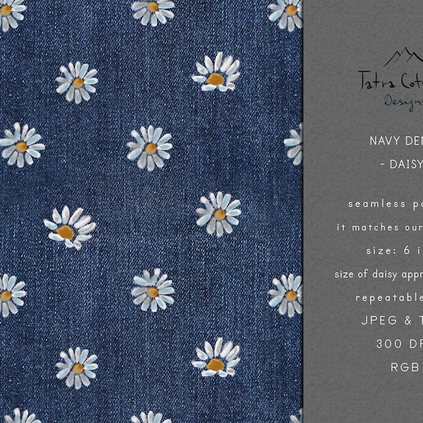 Daisy Denim Seamless Pattern Design Jeans Floral Fabric Print Surface Pattern, Textured Basics