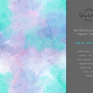 May include: Seamless watercolour pattern in shades of lilac, mint, and white. The pattern is 10 inches in size and is available in JPEG and TIFF formats at 300 DPI. The pattern is labelled "WATERCOLOUR BASIC - magical lilac mint - (NO AI. NO Clipart)".