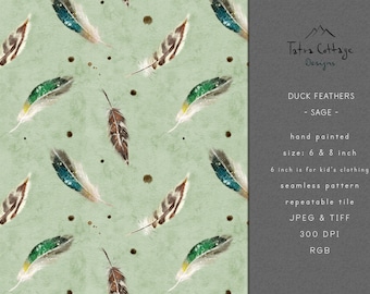 Ducks Feathers Seamless Pattern in Sage, Hunting Repeat Surface Fabric Pattern, Hunter Digital Download, Commercial Licence, Non-Exclusive