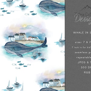 Under the Sea Seamless File, Seamless Pattern Whale with Boats, Nautical Design for Summer, Watercolor Whales Digital Art, White