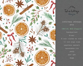 Christmas Oranges Seamless Pattern with Winter Foliage - White