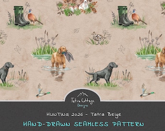 Hunting Seamless Pattern | Hand Painted Watercolor Duck, Labradors & Springer Spaniels | Quilting Fabric (Beige)