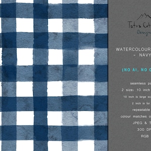 May include: Seamless watercolor gingham pattern in navy blue and white. The pattern is available in two sizes: 10 inches and 2 inches.  The 10-inch size is ideal for kids' projects, while the 2-inch size is perfect for cuffs.  The pattern is a repeatable tile and can be used for a variety of projects.  The design is available in JPEG and TIFF formats at 300 DPI.