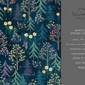 May include: A seamless pattern featuring a magical spring forest with green, blue, and purple trees, pink and white flowers, and yellow daffodils. The pattern is 10 inches in size and is suitable for children's clothing. The design is available in JPEG and TIFF formats at 300 DPI.