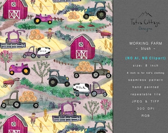 Farm Seamless File - Tractor Fabric File for Girl - Pink