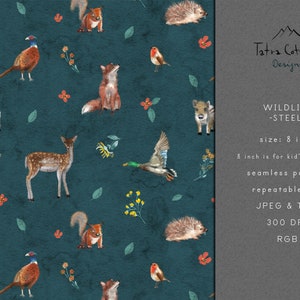 Woodland Animals Seamless Pattern: Duck, Fox, Deer, Pheasant (Digital Download)