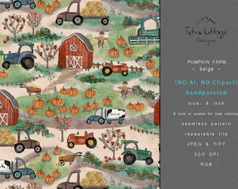 Pumpkin Farm Seamless Pattern: Hand-Painted Autumn Fabric Print (Digital Download, 500 Uses License)