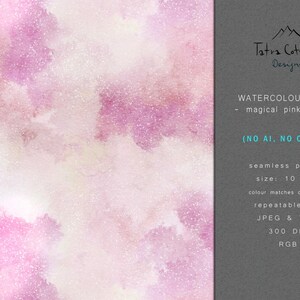 Peut inclure: Un motif aquarelle sans couture dans des tons de rose et crème. Le motif mesure 10 pouces et est parfait pour être répété en tant que carreau. L'image est de 300 DPI et en mode couleur RVB. Le texte de l'image est "Tatra Cottage Designs, Watercolor Basic - magical pink cream - (NO AI, NO Clipart), seamless pattern, size: 10 inch, colour matches our prints, repeatable tile, JPEG & TIFF, 300 DPI, RGB".