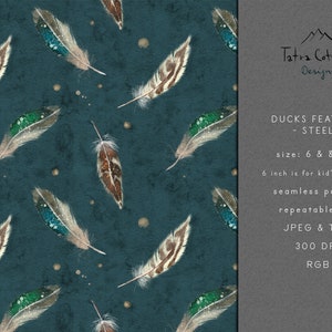 Hunting Seamless Pattern, Duck Feather Repeat Fabric Pattern Design, Watercolour Hunter Digital Download, Steel