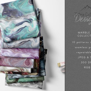 May include: A stack of 10 different marble ink patterns in various colors, including teal, purple, and brown. The patterns are seamless and can be used for repeating tiles. The text "Tatra Cottage Designs" and "MARBLE INK COLLECTION" is visible on a gray background.