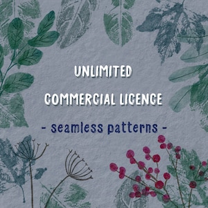 May include: A digital illustration of a watercolour-style floral design with the text "UNLIMITED COMMERCIAL LICENCE - seamless patterns -" in white text on a blue background.