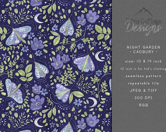 Floral Moths Seamless Pattern: Night Garden Watercolor Fabric (Digital Download)