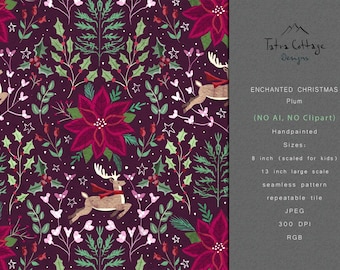 Enchanted Christmas Seamless Pattern - Winter Floral - Plum /Pink