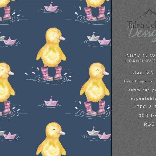 Bianca Duck in Pink Wellies Seamless Pattern, Nursery Surface Pattern, Baby Girl Digital Download Seamless Repeat, Commercial, Non Exclusive